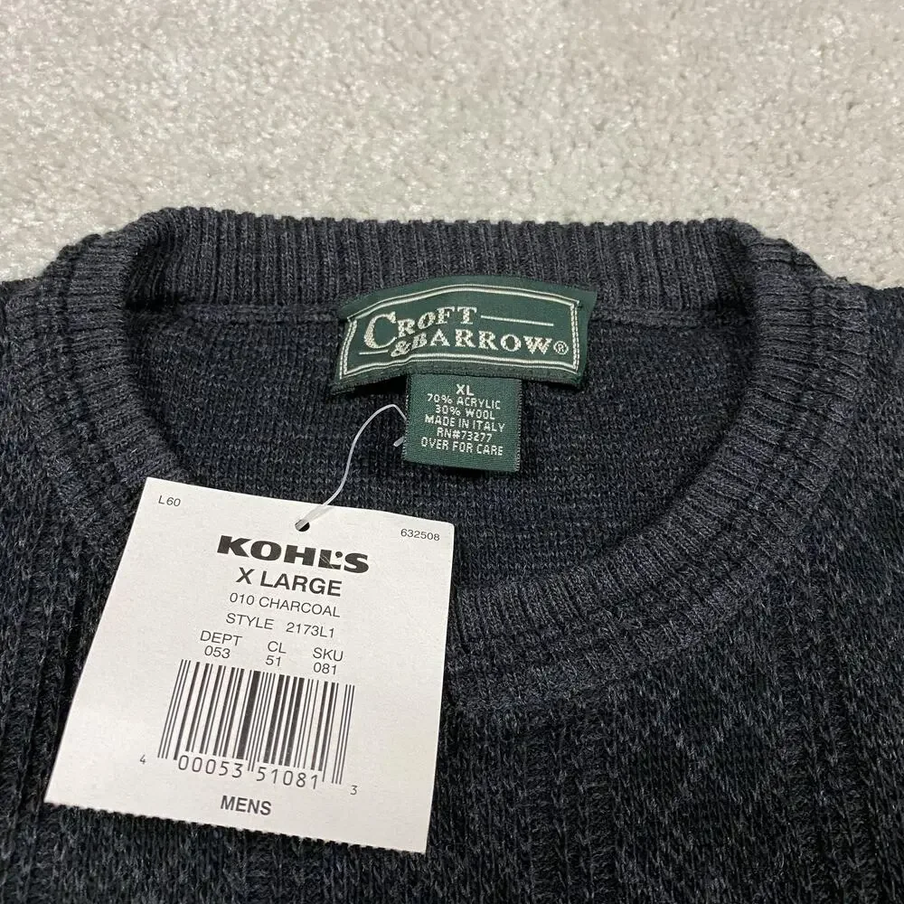 VTG Croft & Barrow Sweater Mens XL Charcoal Wool Argyle Knit Made Italy Preppy